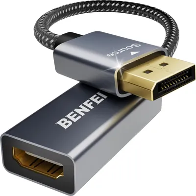 A close-up product shot of a DisplayPort to HDMI adapter cable.