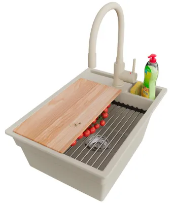 Produktbild von PRIMAGRAN Granitspüle Beige 38x53cm, Spülbecken 1 Becken + Ablauf-Set + Küchenzubehörset, Küchenspüle ab 40er Unterschrank - Oslo Pocket