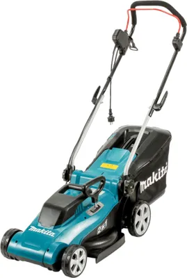 A turquoise and black electric lawnmower is shown against a white background.
