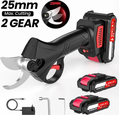 Obrázok produktu pre Akumulátorové záhradné nožnice – Elektrické nožnice na konáre 21 V – Bezkefový motor – Šírka rezu 3 cm – Čepeľ z uhlíkovej ocele – 2 akumulátory – Čierna