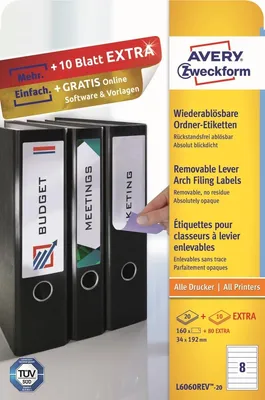 Immagine prodotto di Avery Zweckform® L6060REV-20 L6060REV-20 Etichette per cartelle, 34 x 192 mm, 30 fogli/240 etichette, bianco