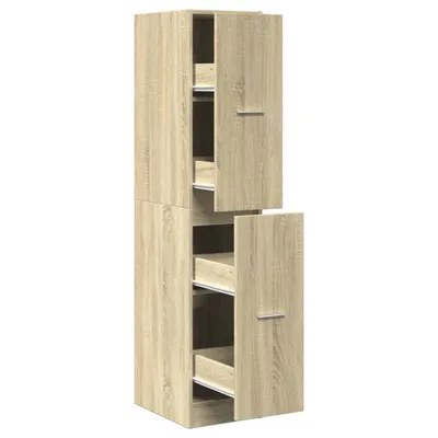 A tall, narrow cabinet with two sections, each with an open door revealing shelves and drawers.