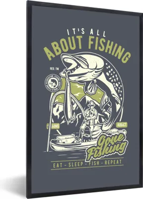 Produktbild von MuchoWow® MuchoWow® Gerahmtes Poster Fisch - Boot - Rute - Vintage 20x30 cm - Poster mit zchwarzem Bilderrahmen - Drucken - Bilder Poster im Rahmen
