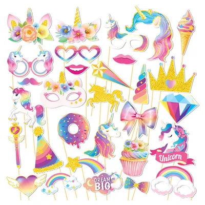 Produktbild von Einhorn Foto Requisiten Set - Mit Holzstäben für Photobooth - Fotobox Accessoires für Kinderpartys und Fotoshootings - Mehrfarbig