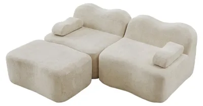 Image de Canapé d'angle modulaire 2 places en velours beige avec pouf