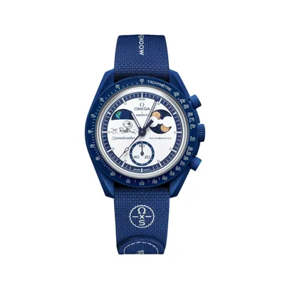 A blue Swatch x Omega Moonswatch watch with a white dial and a blue strap, displayed against a white background.