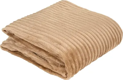 A folded beige blanket with a ribbed texture, presented on a white background.