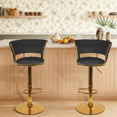 Produktbild von 2er Set Barhocker Barstuhl aus Samt Tresenhocker Bistrohocker Hocker mit Lehne Drehstuhl Barhocker Höhenverstellbar für Küche/Hausbar (Schwarz)