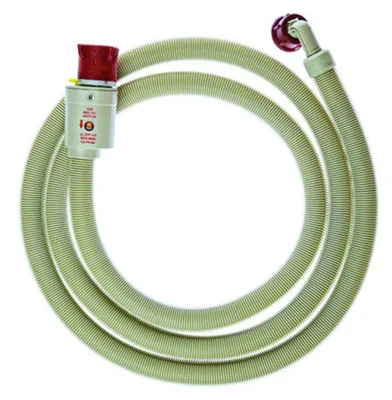 A coiled beige flexible hose with a red and beige connector on one end and a brown angled connector on the other, laid out on a white background.