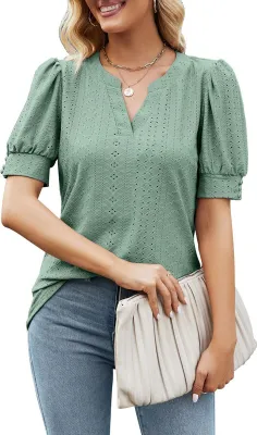 Image de ASKSA T-shirt manches bouffantes creusé blouse col V été manches courtes T-shirts unis Débardeurs, Vert foncé, XL