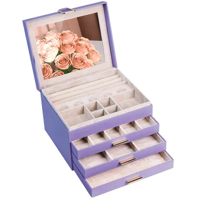 Image de AdelDream Boîte à bijoux, boîte à bijoux avec 4 niveaux, boîte à bijoux avec grand miroir, grands bijoux, rangement de bijoux, moderne,Lila
