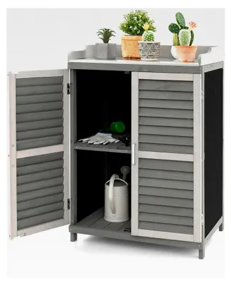 Produktbild von Gartenschrank aus Holz, Lagerschrank für den Garten, Holzschrank mit Metallplatte, 2 Lagerregalen und aufrollbaren Türen, Geräteschrank für Terrasse und Hinterhof, Grau