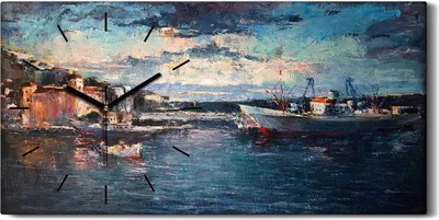 Produktbild von Wanduhr Bürouhr Leinwand Bild Geräuschlos 60x30 Gemälde See Hafen Kunst - schwarze Hände