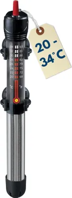 A submersible aquarium heater with a temperature tag attached.