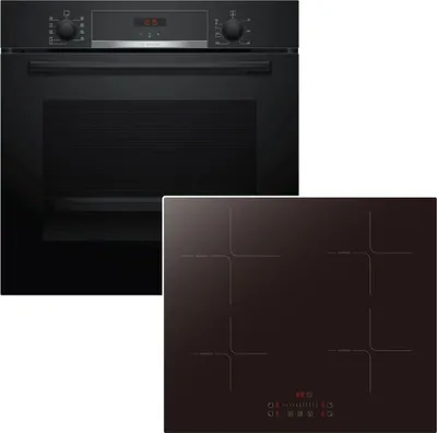 A black built-in oven and a black induction hob are shown side-by-side against a white background.