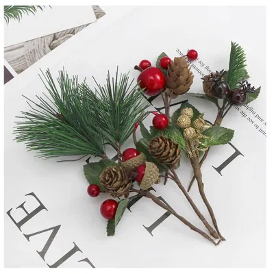 Weihnachtsblumen-Set, 14 Stück, künstliche Tannenzapfen, Beeren, Deko-Sträuße