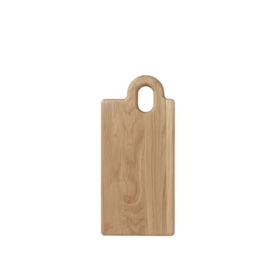 A wooden cutting board with a handle is shown against a white background.