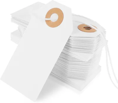 Produktbild von Packung mit 100 Etiketten mit weißem Faden, Geschenkanhänger, Flohmarktanhänger, Kraftpapieranhänger mit Schnur und verstärktem Loch, Preisschilder für Kleidung, Schmucketiketten