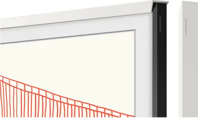 A close-up side view of a white television frame with a black side panel, showing the Samsung logo. A white box is visible to the right.