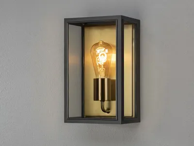 A wall-mounted light fixture with a clear glass enclosure and a brass-colored socket holding a vintage-style light bulb.