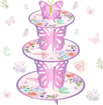 Produktbild von Famanu Cupcake-Ständer 3-stufig mit Schmetterlingsdesign - Rosa