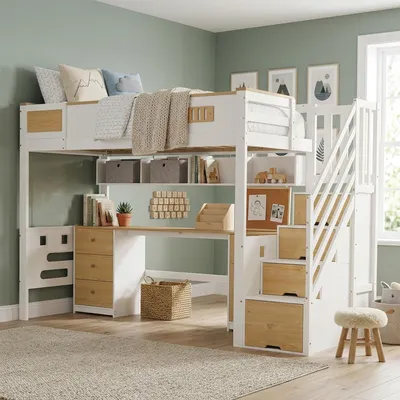Produktbild von STILVORA Hochbett 90x200 cm mit Schreibtisch und Stauraumtreppe, Kinderbett mit Schubladen und Hängeregal,Funktionsbett platzsparend für Kinderzimmer