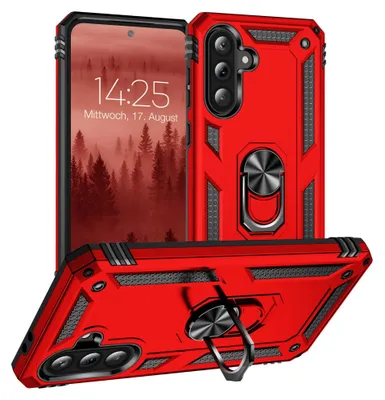 A red phone case with a ring holder is displayed from multiple angles, with a phone screen showing a forest scene and time.