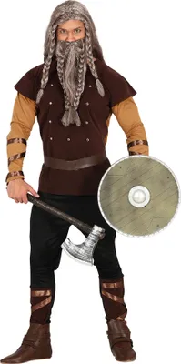 Produktbild von Wikinger Krieger Kostüm Tunika Gürtel Hose Helm Schild Axt Langarm Braun, Größe: 48 - 50 (M) Farbe: Braun