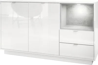Produktbild von Vladon Sideboard Kommode Metro, Germany, Korpus in Weiß Hochglanz / Fronten in Weiß Hochglanz mit Einsatz in Beton Oxid Optik, inkl. LED Beleuchtung