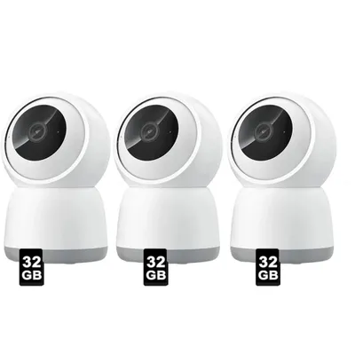 Image de 3 caméras de surveillance, caméra de surveillance sans fil 360°, caméra FHD 1080P, vision nocturne, détection de mouvement, APP, audio bidirectionnel, carte mémoire 32 Go
