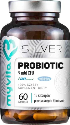 A bottle of MyVita Silver Pure Probiotic capsules.