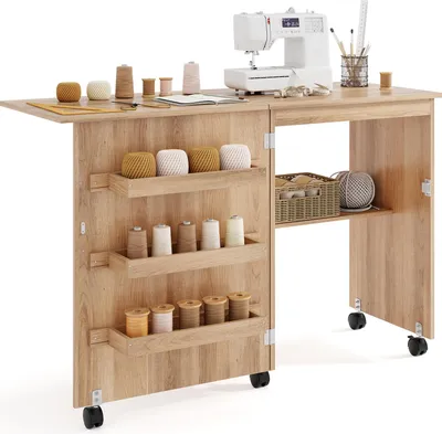 A sewing machine table with storage compartments and a sewing machine on top.