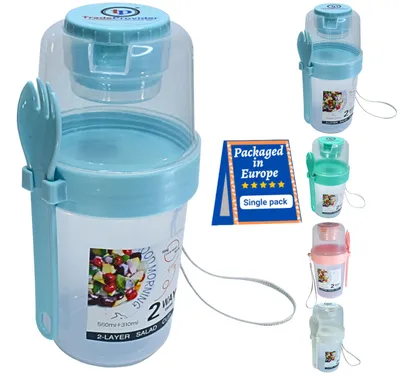 Joghurtbecher 538 ml mit Deckel, Gabel & Trageband, BPA-frei, blau