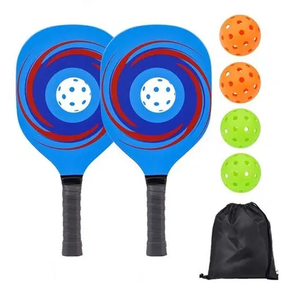 Immagine prodotto di Set da pickleball per adulti, composto da due palline di legno, quattro palline da pickleball e una borsa da trasporto.
