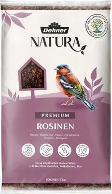 Produktbild von Dehner Natura Premium Wildvogelfutter, Rosinen Delikatesse, Futterrosinen, Ganzjahresfutter energiereich, hochwertiges Vogelfutter für Wildvögel, 5 kg