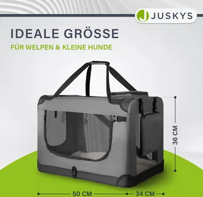 A dog transport box is shown with dimensions indicated by lines and text.