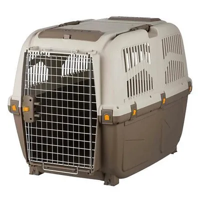 A pet transport box is shown against a white background.