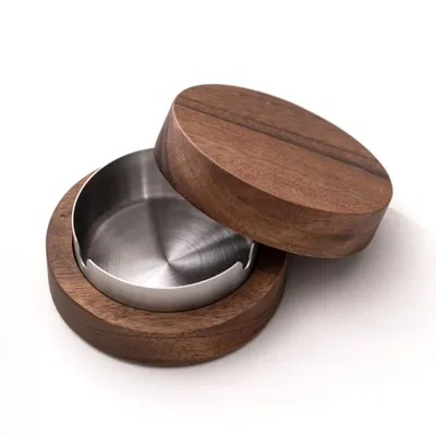Produktbild von Walnussholz Aschenbecher, Metall-Aschefänger mit 3 Halterschlitzen, Zigarettenaschenbecher mit Deckel 10.3x10.3x4.3cm