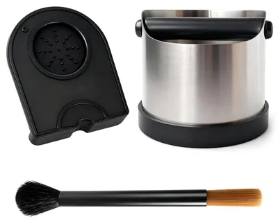 Produktbild von Abklopfbehälter für Siebträger - Edelstahl mit Tampermatte und Kaffeepinsel - Espresso Zubehör Set