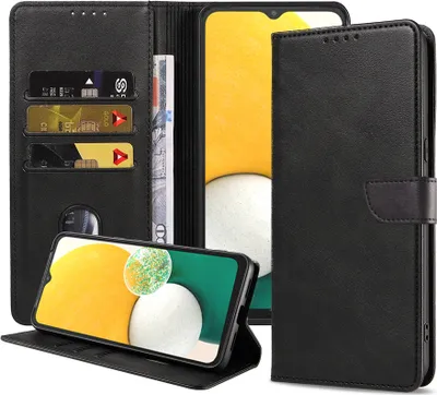 Produktbild von Geschikt voor Samsung Galaxy A13 5G Telefoonhoesje Kunstleer met Magnetisch lipje en Pasjeshouder Book Case met Klepje - Zwart - Smartphonica