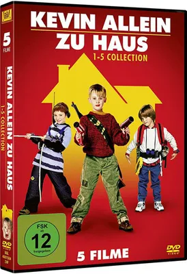 The image shows a DVD box set for the "Kevin Alone at Home" movie collection. Three children are featured on the front, with a house graphic in the background. There is also a rating symbol and text indicating the collection.