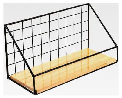 Produktbild von Wandregal mit Holzablage - Wandhängendes Aufbewahrungsregal ohne Bohren, platzsparend und vielseitig für Wohnzimmer, Bad und Küche, inklusive Montagezubehör, schwarz, dreieckig, klein
