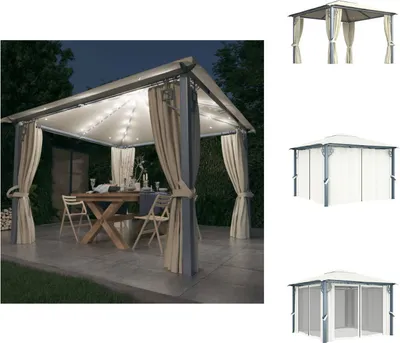Produktbild von vidaXL Pavillon mit Vorhängen & LED-Lichterkette 300x300 cm Creme Alu - Pavillons & Partyzelte