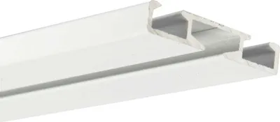 A close-up, angled view of a white aluminum curtain rail profile against a white background.