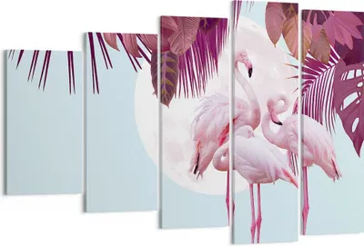 Produktbild von Bild auf Leinwand - Leinwandbild - 5 Teile - Flamingos Palmen Mond - 150x100cm - Wand Bild - Wanddeko - Wandbilder - Leinwanddruck - Bilder - Wanddekoration - Leinwand bilder - EG150x100-4598
