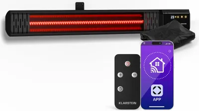 Image de Klarstein Chauffage Infrarouge 2000W – Radiateur Mural IP65, 9 Niveaux, WiFi & Télécommande, Silencieux, Minuterie, Aluminium, Pour Extérieur 15m², Rayonnant Infrarouge