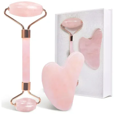 Produktbild von Jade-Roller- und Gua-Sha-Set – Rosenquarz für Gesichtsmassage und Körperpflege