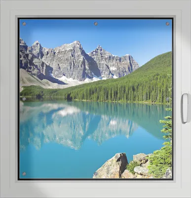 Produktbild von Wallario Lichtschutzbild, Dekorativer Sichtschutz Sonnenschutz 96 x 93 cm mit Motiv: Tiefblauer See mit Bergpanorama und Wäldern  Kanada - Verdunklung ohne Bohren