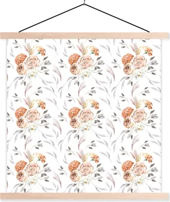 Produktbild von MuchoWow® Textilposter Blumen - Bohème - Weiß 60x60 cm mit holzfarbenen Rahmen - Wanddekoration