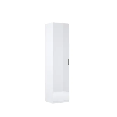 A tall, narrow white cabinet with a single door and a handle, shown against a plain white background.